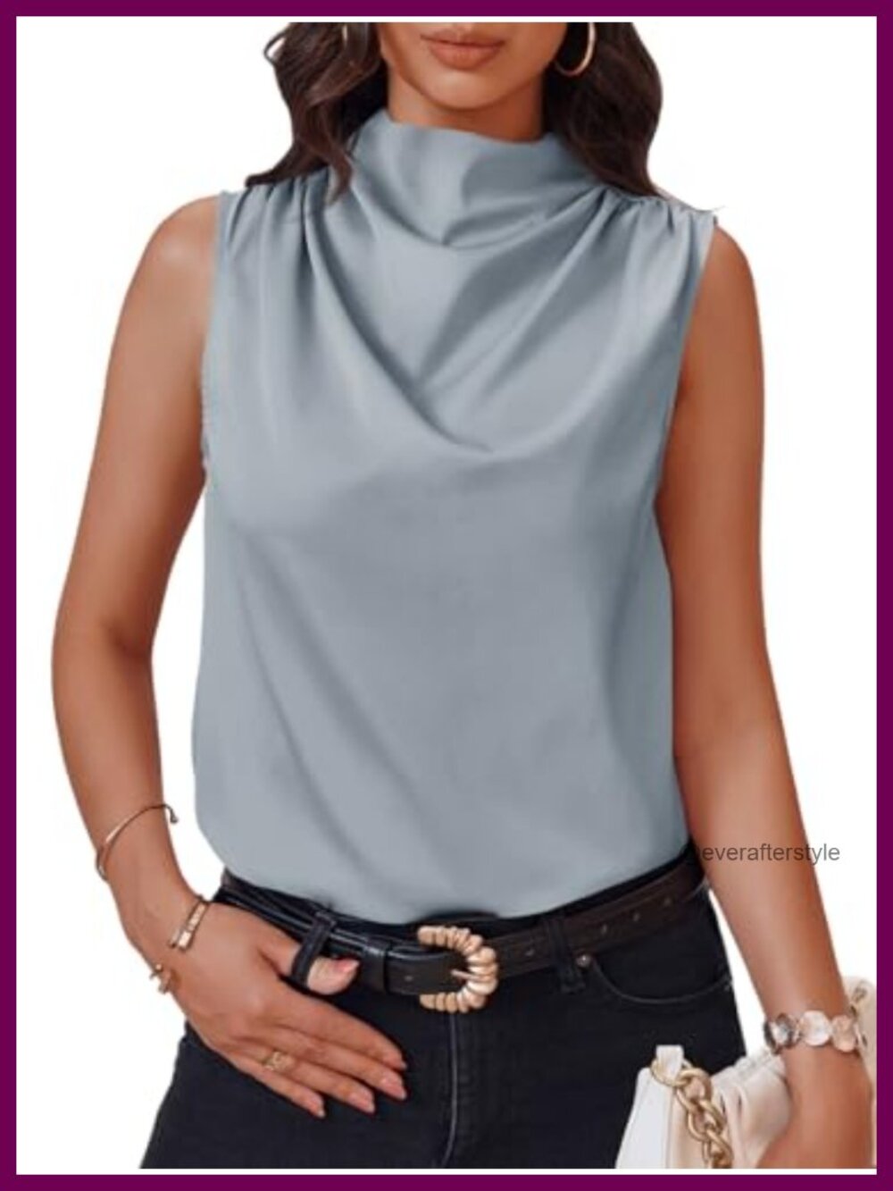 Mock Neck Satin Tank Top Sleeveless Ruched Business Casual Blouse